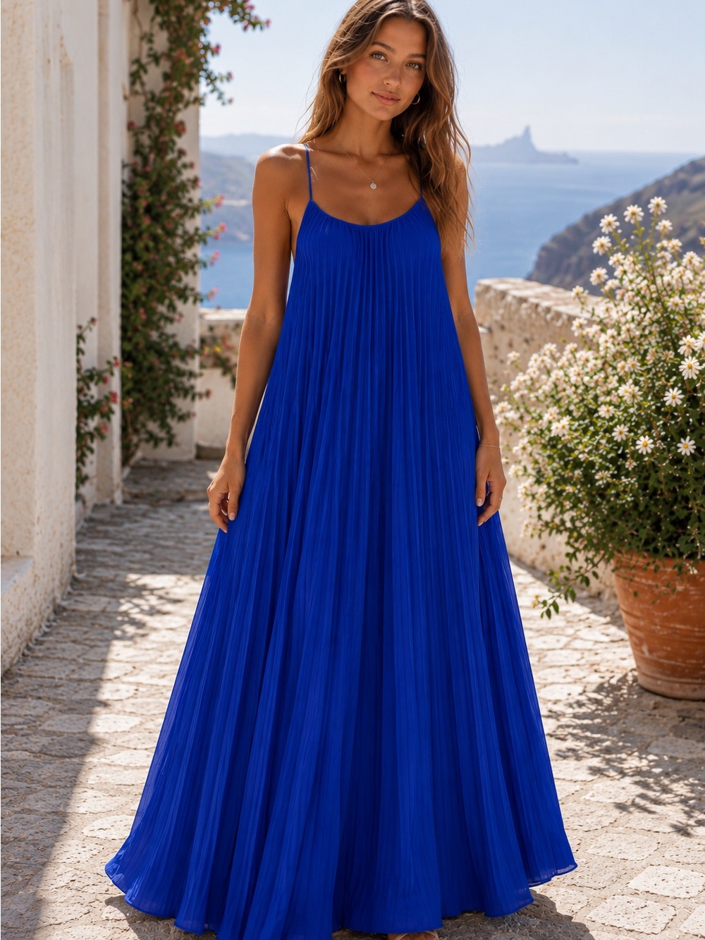 Accordion Pleated Criss Cross Backless Cami Maxi Dress royal blue